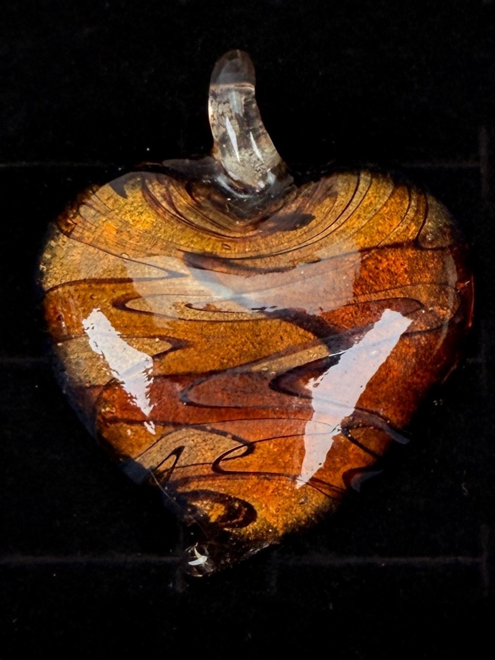 Handmade Art Glass Heart Pendant Gold Aventurine Style Swirl Glass